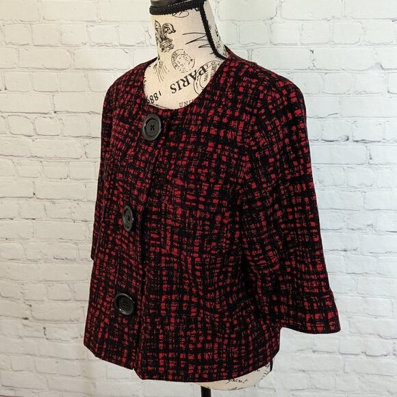 MICHAEL Michael Kors Red Black Tweed Plaid Jacket Size Large – Boxy Button Front - Picture 4 of 8